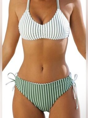 NWT Cupshe Size M Green Striped Bikini 2 Pc Braided Strap Top Reversible Bottoms